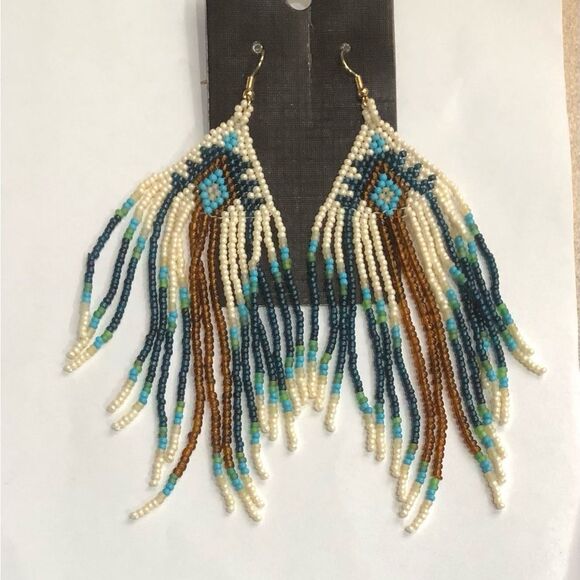 Boho Native American Blue Turquoise Beaded 4.5” Long Dangle Earrings (a)126 - Picture 7 of 8